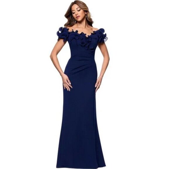 Xscape Navy Blue Ruffle Off the Shoulder Crepe Column Gown